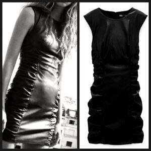 𝅺NEW! ZARA Black Sleeveless Vegan Leather Ruched Mini Dress Large.